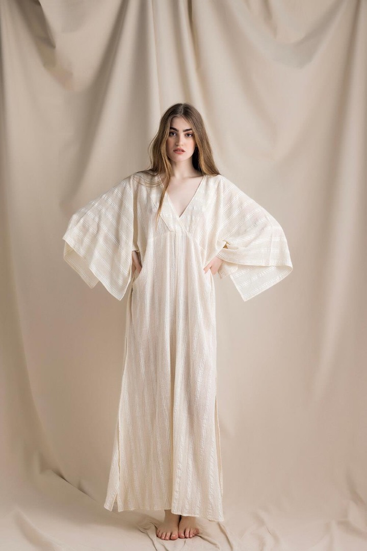 Uzumlu Dastar Caftan - Ecru - Striped